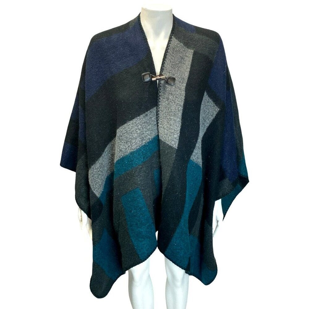 Calvin Klein Ruana Geometric Poncho Vintage Black Blue Gray One Size